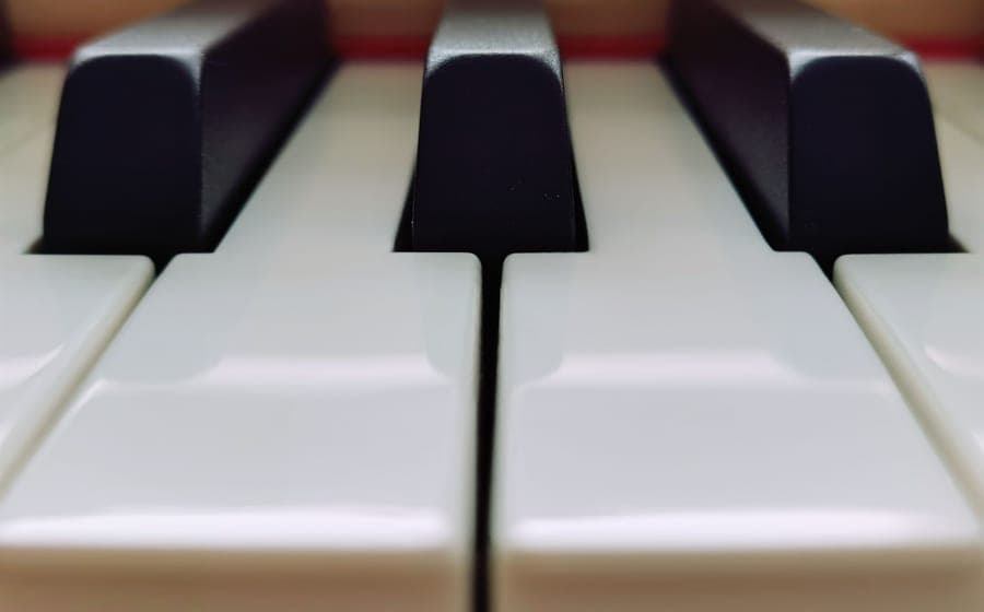 A digital piano keyboard in close-up