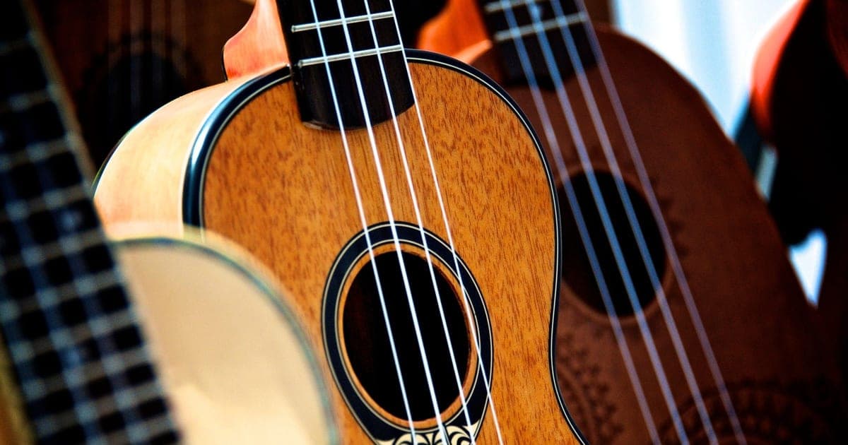 A guitar and a ukulele resting side by side